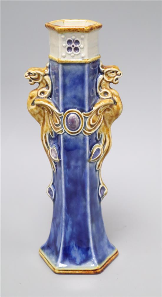 A Doulton Lambeth slender hexagonal vase, designed by Francis C Pope, early 20th century, H. 28cm